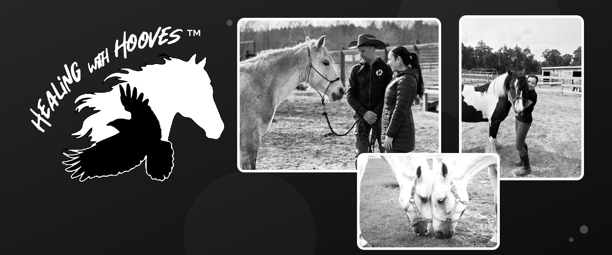 Healing With Hooves logo beside black-and-white photos of two people with a grey mustang, a woman with a paint horse, and two grey horses grazing